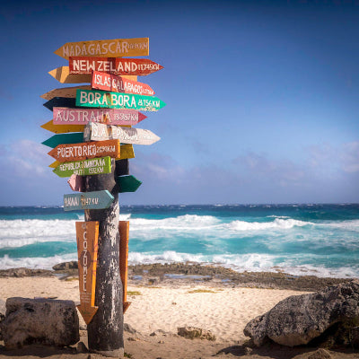 Colorful signpost on a beach with ocean view