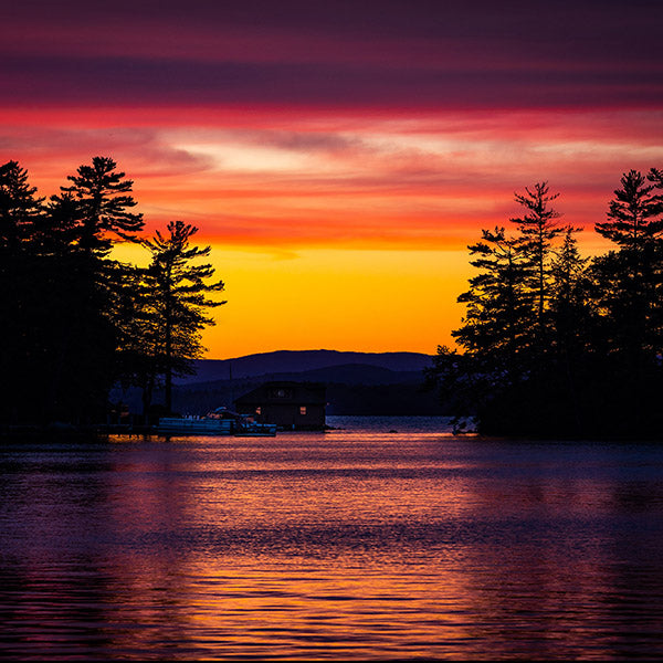 Sunset over a lake with silhouetted trees